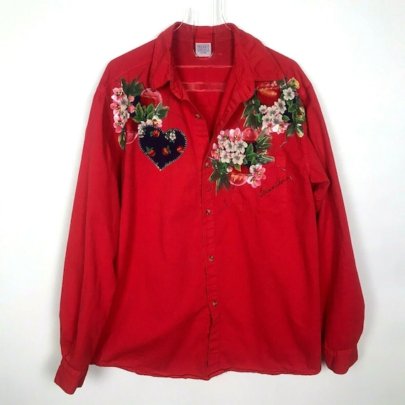 Vintage Tutti Red Shirt Hand Painted Flowers