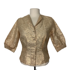 Vintage jaren 60 gouden lamé jas dames kleine metalen kristallen knopen 3/4 mouw