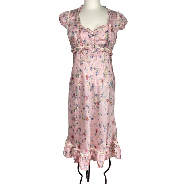 Vintage 90s Benetton Midi Dress Womens Small Pink Floral Satin Lace 30s Style