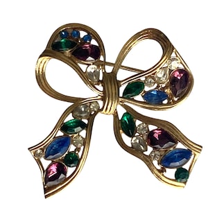 Vintage Trifari Multi Color Rhinestone Bow Brooch Gold Tone Signed Designer