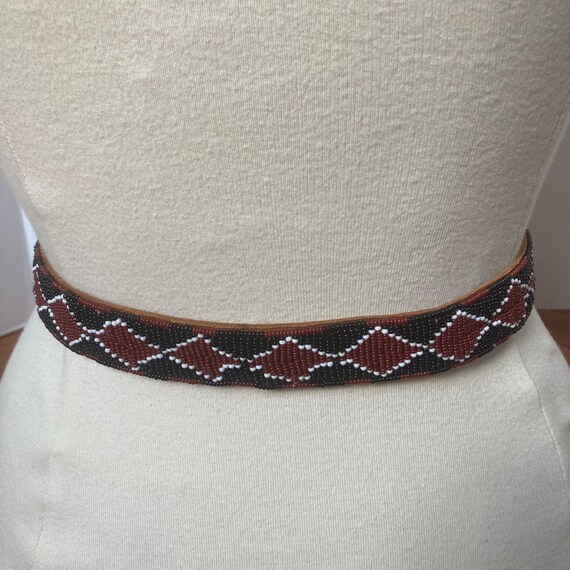 Vintage Hand Beaded Leather Belt Womens Large Red Black  display picture 2