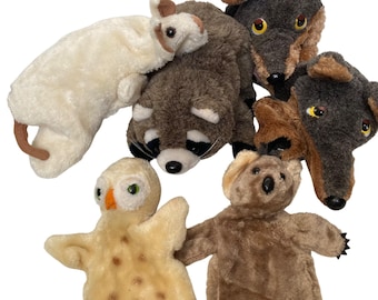 Marionette vintage Dakin a forma di animali, procione, lupo, gufo, koala, maialino.