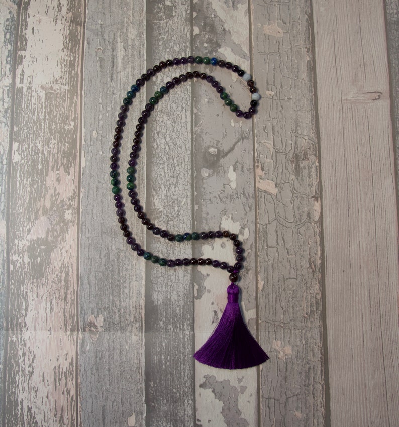 Handmade 108 Count Buddhist Mala Necklace Amethyst Azurite Blue Chalcedony Onyx Smoked Quartz chrysocolla