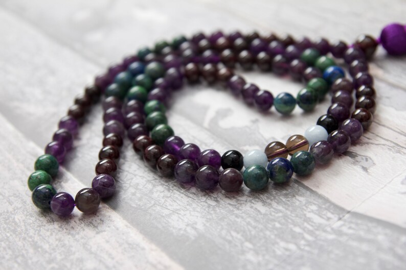 Handmade 108 Count Buddhist Mala Necklace Amethyst Azurite Blue Chalcedony Onyx Smoked Quartz chrysocolla