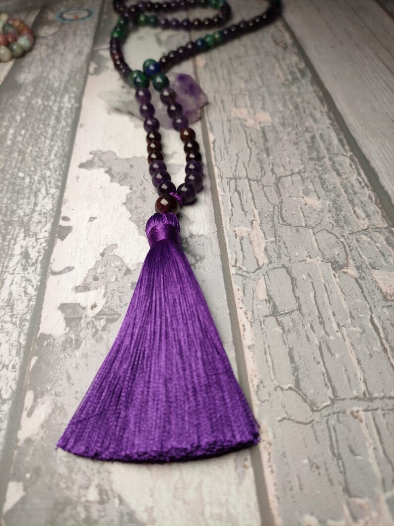 Handmade 108 Count Buddhist Mala Necklace Amethyst Azurite Blue Chalcedony Onyx Smoked Quartz chrysocolla
