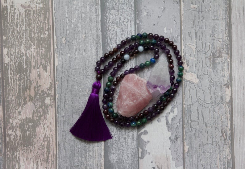 Handmade 108 Count Buddhist Mala Necklace Amethyst Azurite Blue Chalcedony Onyx Smoked Quartz chrysocolla
