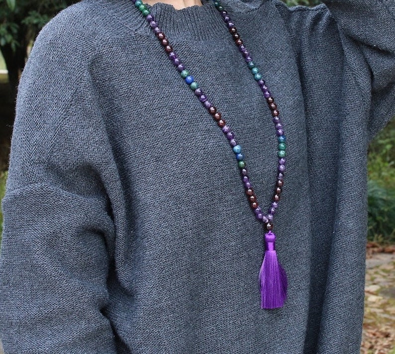 Handmade 108 Count Buddhist Mala Necklace Amethyst Azurite Blue Chalcedony Onyx Smoked Quartz chrysocolla