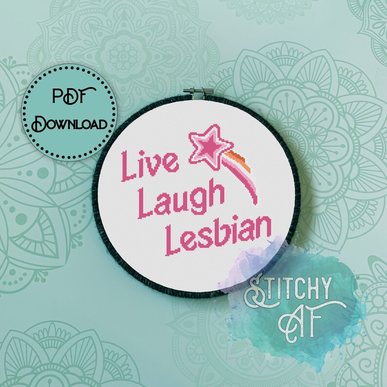 May include: A white embroidery hoop with a pink and rainbow shooting star design and the text "Live Laugh Lesbian".