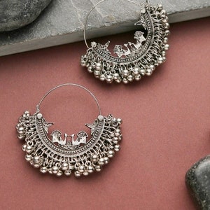 Peacock Chandbali Hoop Earrings with Ghungroo Traditional / German Silver / Lightweight Oxidised Silver Indian jewelry