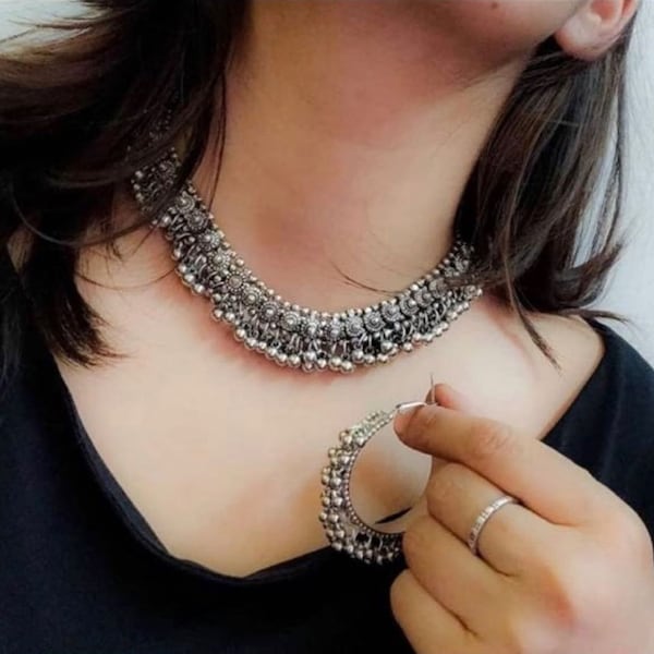 Oxidised Silver Ghungroo Choker Necklace with hoop earrings / German Silver / Traditional Afghani Bohemian /Indian Jewelry /Oxidized jewelry