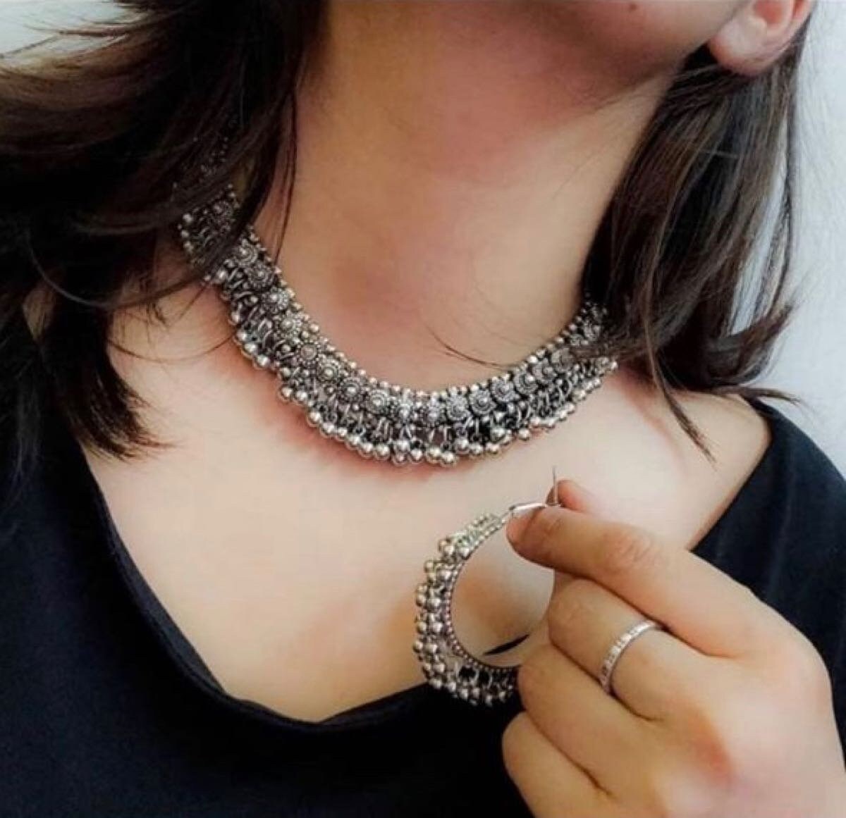 Oxidised 2024 ghungroo necklace