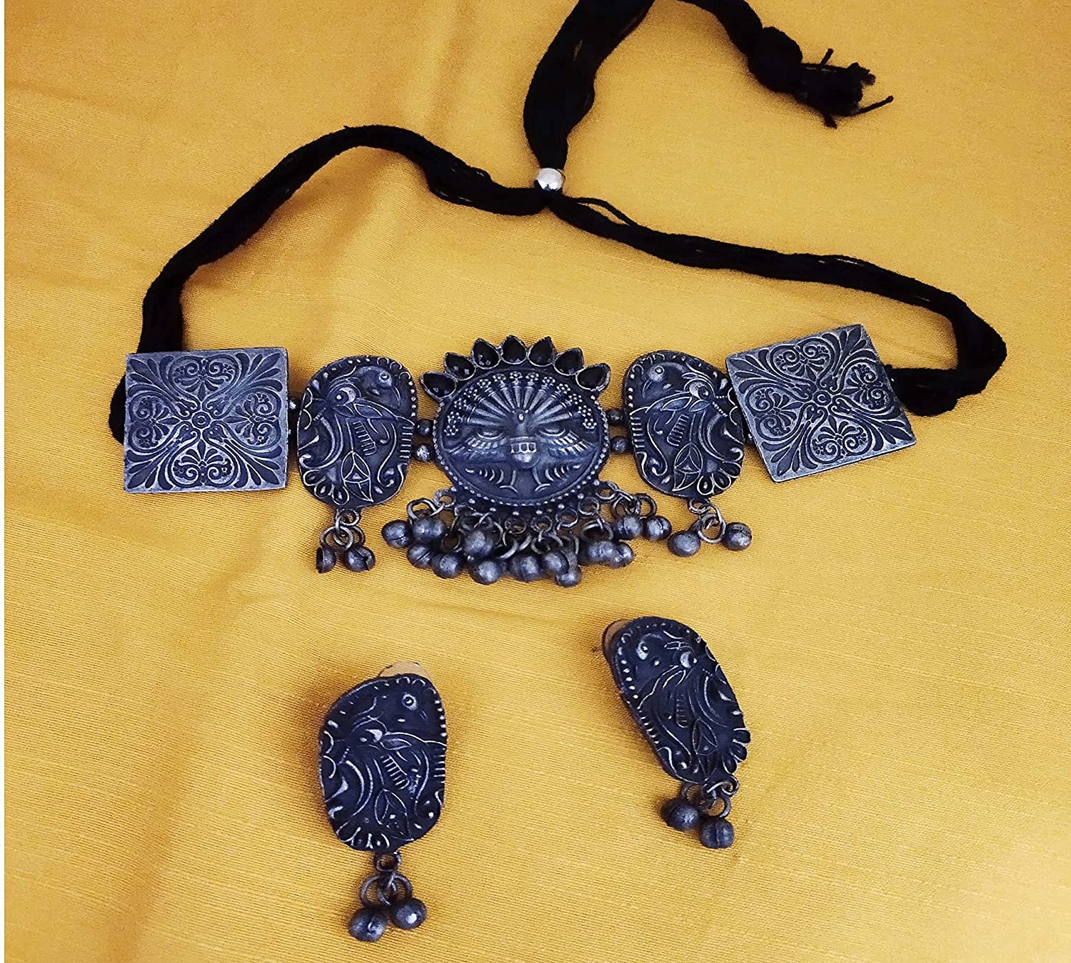 Indian Oxidized Silver Black Metal Polish Peacock Choker Necklace