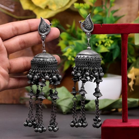Indian Oxidized Black Metal Polish Big Long Jhumka Earrings Traditional Afghani Tribal Boho Jewelry Lightweight Oversized Black Jhumka