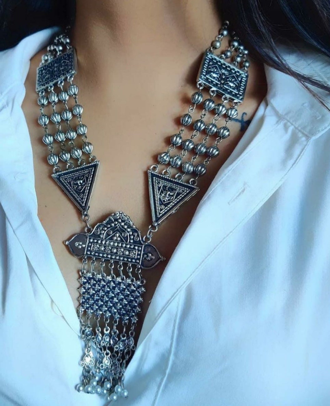 Oxidized silver 2024 long necklace