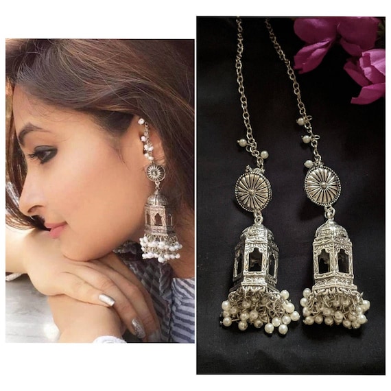Tree of Life Silver Jhumka Earrings with Pearls and Ear Chain - Art Jewelry  Women Accessories | World Art Community