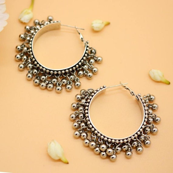 I Jewels Navratri Ethnic Silver Oxidised Afghani Ghungroo Style Hoop  Earrings For Women/Girls (E3119OX) - I Jewels - 4229691