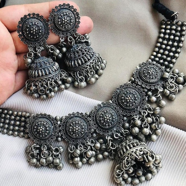 Oxidized Black Metal Polish Heavy Choker Necklace with Jhumka earrings /German Silver /Traditional Afghani Boho /Indian Ethnic Jewelry