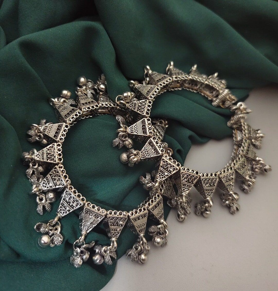 Silver Oxidized Triangle Jhumka Ghungroo Bangle Set Afghani Etsy