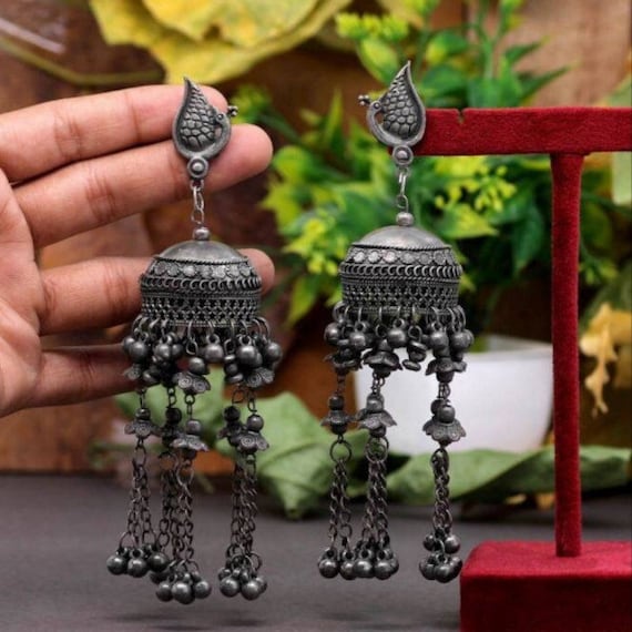 Buy Chandbali Oxidised Stone Jhumka Jhumki Earring, Long Earrings, Black  Polish Indian Ethnic Earrings, Indian Earring, Handmade Temple Earring  Online in India - Etsy