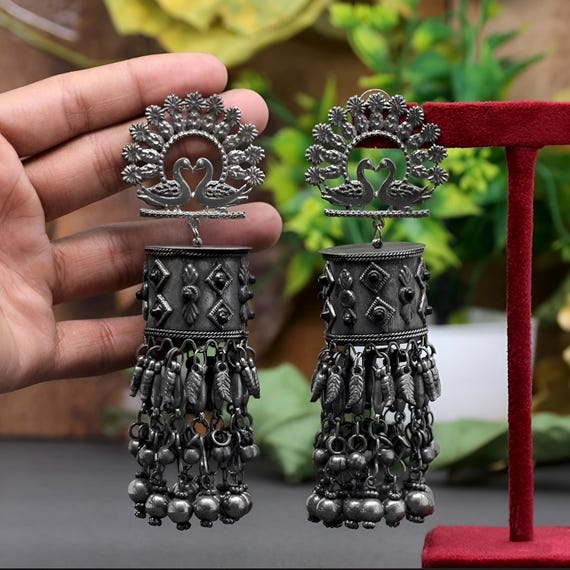 Oxidised Silver Black Metal Polish Peacock Layered Ghungroo Long Jhumka Earrings Traditional Indian Jewelry Oxidized Oversized Big Jhumka