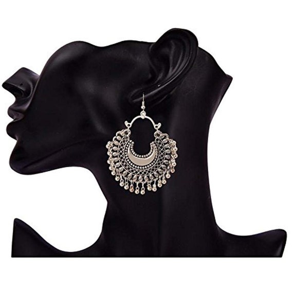 Oxidized Silver Simple Afghani Chandbali Earrings Traditional