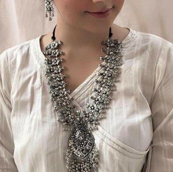 Handcrafted Oxidized Silver Heavy Long Necklace Set With Earrings