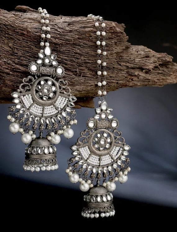 Light weight light blue jhumkas with kundan stones and pearl maatal –  Cherrypick