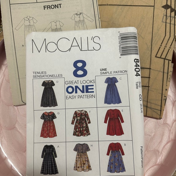 Vintage McCall's Pattern 8404 Children's Girls Size CD (2, 3, 4) Uncut Dress Pattern, 8 Variations, Collared, Button Down, Long Short Sleeve