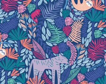 Jungle Animals Cotton Fabric - Selva Junglen Jolly on Blue, Art Gallery Fabric