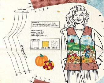 Daisy Kingdom Pumpkin Pals Vest Vintage Cotton Woven Fabric Panel Size 8-22, Pattern with Instructions Scarecrow, Fall, Halloween