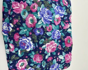Vintage Floral Cotton Fabric Remnant, Navy Blue Roses, Quilting Material