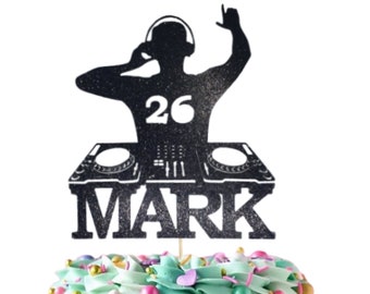 Topper per torta DJ, scegli il tuo nome, età e colore, festa, celebrazione.
