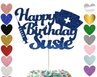 146. Birthday Glitter Cake Topper, Choose Your Name, Personalised, Premium, Nurse