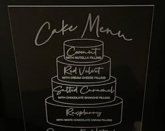 Acrylic Cake Menu Sign, Wedding Table Décor, Engraved Menu Of Your Choice, Parties and Events