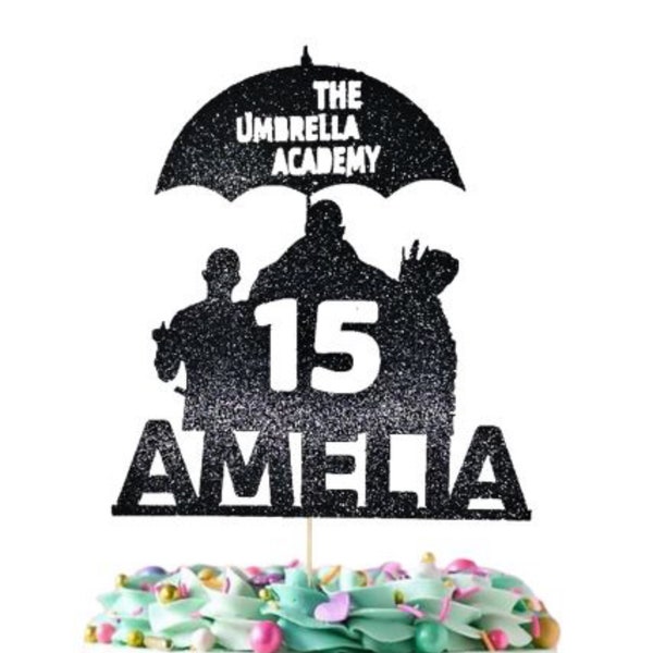 193.  Umbrella Academy Cake Topper, Personalised. Choose Your Name, Age & Colour
