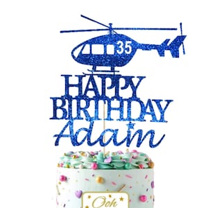 22. Decorazione per torta a forma di elicottero, qualsiasi nome ed età, compleanno, glitter, per torte