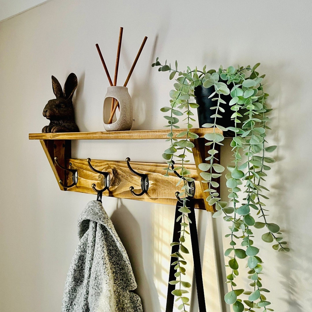 Rustic Wooden Coat Hook Rack With Shelf Vintage Antique Coat Etsy