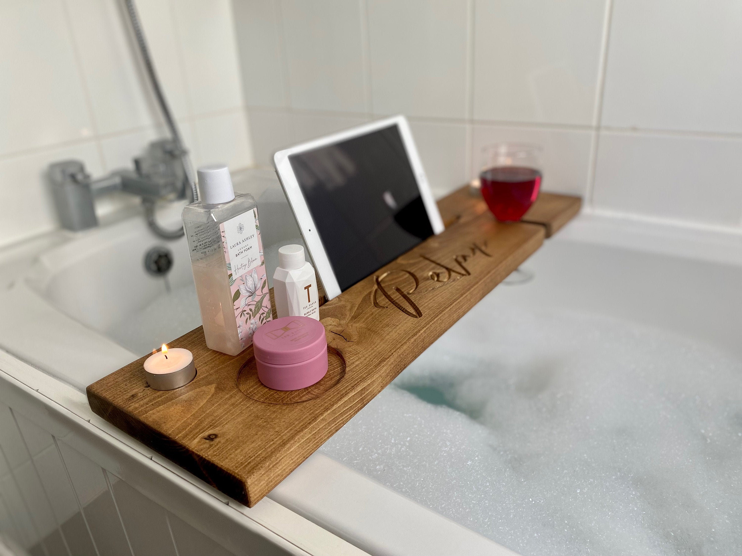 Expandable Bamboo Bath Caddy Book iPhone Wineglass Holder Over Bathtub Rack