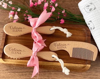 Personalized Baby Brush Set Engraved Newborn Keepsake Gift Custom Name Baby Shower Gift New Mom Gift Wooden Brush Set Infant Hair Brush