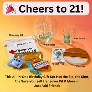 Flat lay of entire gift set contents including personalized glassware fun hangover kit and meaningful pocket hug thoughtful birthday gift idea for women turning 21 Display of care package ready to gift with optional birthday message custom name details ideal for friend or daughter celebration party gift box for her Custom coaster and hangover kit in cute packaging designed to make her laugh and feel loved after her big 21st birthday night out gift for women