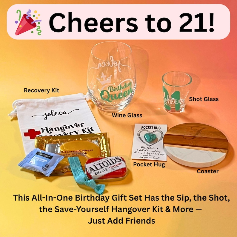 Flat lay of entire gift set contents including personalized glassware fun hangover kit and meaningful pocket hug thoughtful birthday gift idea for women turning 21 Display of care package ready to gift with optional birthday message custom name details ideal for friend or daughter celebration party gift box for her Custom coaster and hangover kit in cute packaging designed to make her laugh and feel loved after her big 21st birthday night out gift for women