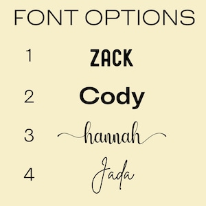 Pode incluir: Gr&aacute;fico mostrando op&ccedil;&otilde;es de fontes para itens personalizados. O texto "FONT OPTIONS" est&aacute; no topo. Abaixo est&atilde;o quatro op&ccedil;&otilde;es de fonte: Zack, Cody, hannah e Jada. Cada nome &eacute; exibido em um estilo de fonte diferente, com os n&uacute;meros 1-4.