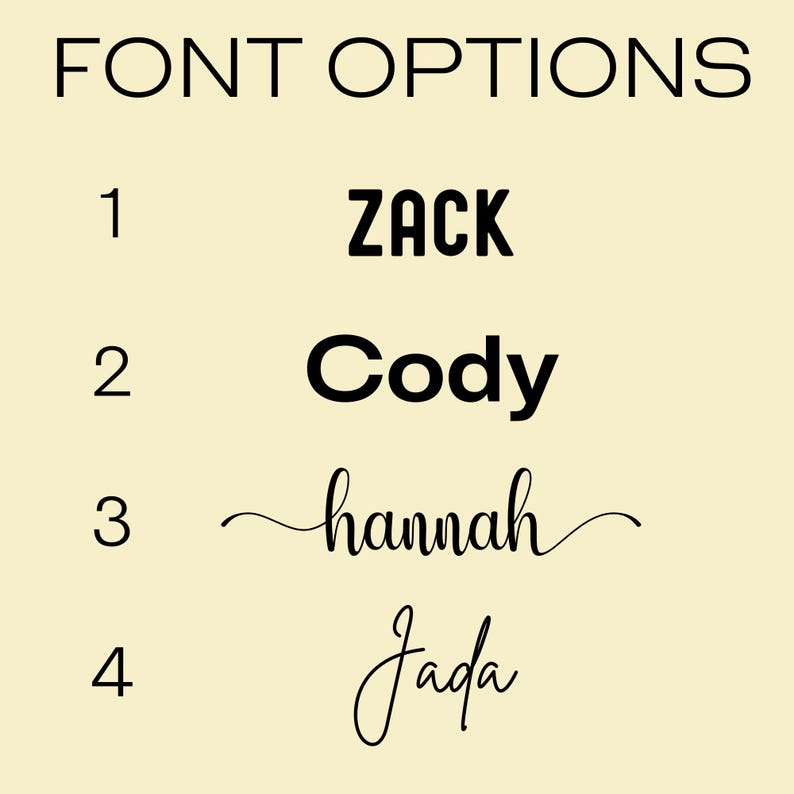 Pode incluir: Gr&aacute;fico mostrando op&ccedil;&otilde;es de fontes para itens personalizados. O texto "FONT OPTIONS" est&aacute; no topo. Abaixo est&atilde;o quatro op&ccedil;&otilde;es de fonte: Zack, Cody, hannah e Jada. Cada nome &eacute; exibido em um estilo de fonte diferente, com os n&uacute;meros 1-4.