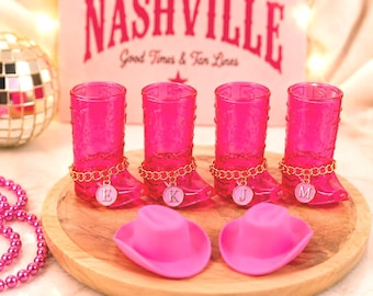 Vaso de chupito personalizado con forma de bota rosa, recuerdo del viaje de chicas a Nashville