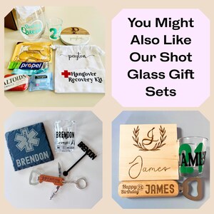 Pode incluir: V&aacute;rios conjuntos de presentes com copos de shot, porta-copos e kits de recupera&ccedil;&atilde;o de ressaca. Inclui itens personalizados com nomes como "Payton" e "Brendon", e texto "Happy 21st Birthday James".