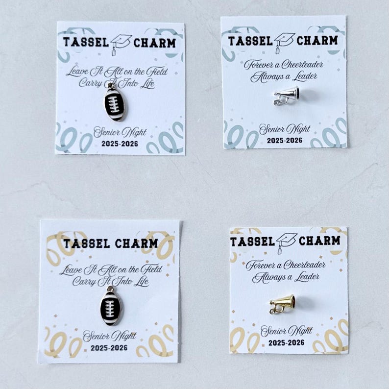 Cheerleading tassel charm gift displayed on card packaging perfect for graduation senior night cheer banquet award or team celebration lasting keepsake for cheer squad daughter best friend or teammate unique accessory for cap tassel keychain or bag gift idea for cheerleaders