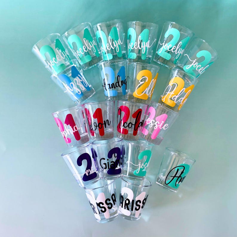 custom 21st birthday shot glass custom party favor or gift idea for her personalized barware for best friend daughter or college student celebrating away from home milestone birthday gift for woman turning 21 or 25 fun decor for party funny personalized shot glass for her birthday gift or 21st party favor ideal for college girl best friend or military daughter celebrating long distance birthday legal drinking age keepsake or custom party supply for milestone event birthday keepsake