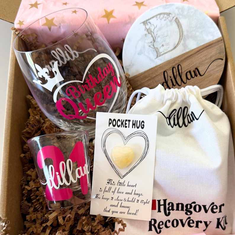 turning 21 gift for her shown as personalized birthday box for women includes custom items perfect for college girl long distance friend or daughter celebrating milestone legal drinking age birthday unique care package for adult female birthday gift box for college girl turning 21 personalized care package for best friend or daughter shown with party items milestone celebration present for adult female ideal for birthday weekend celebration birthday trip or dorm delivery