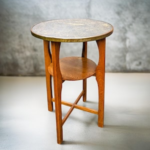 Art Deco Hammered Brass Side Table: Oak Frame Plant Stand, 1920s