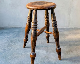 19th Century English Elm Stool: Victorian Country Style, Worn Patina